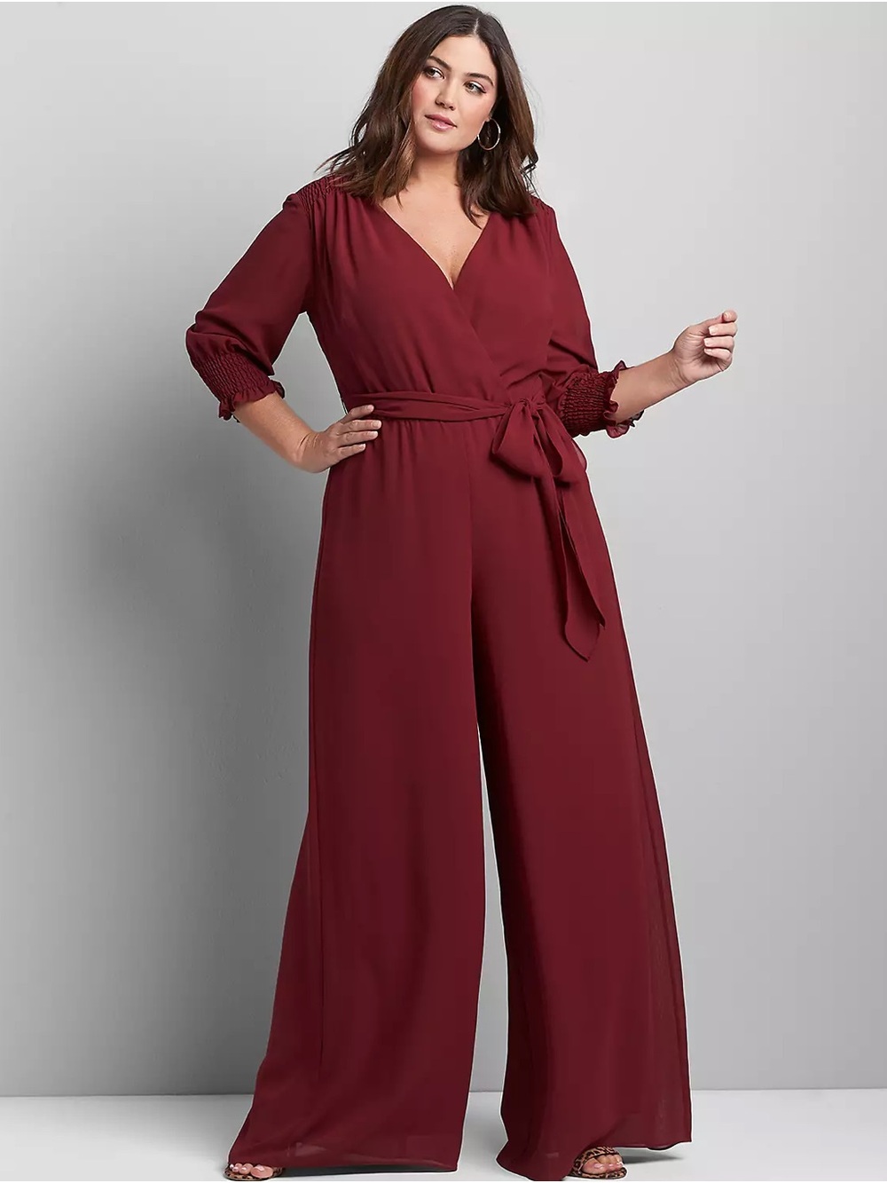 Lane Bryant Burgundy Wrap Tie Wide-Leg Jumpsuit